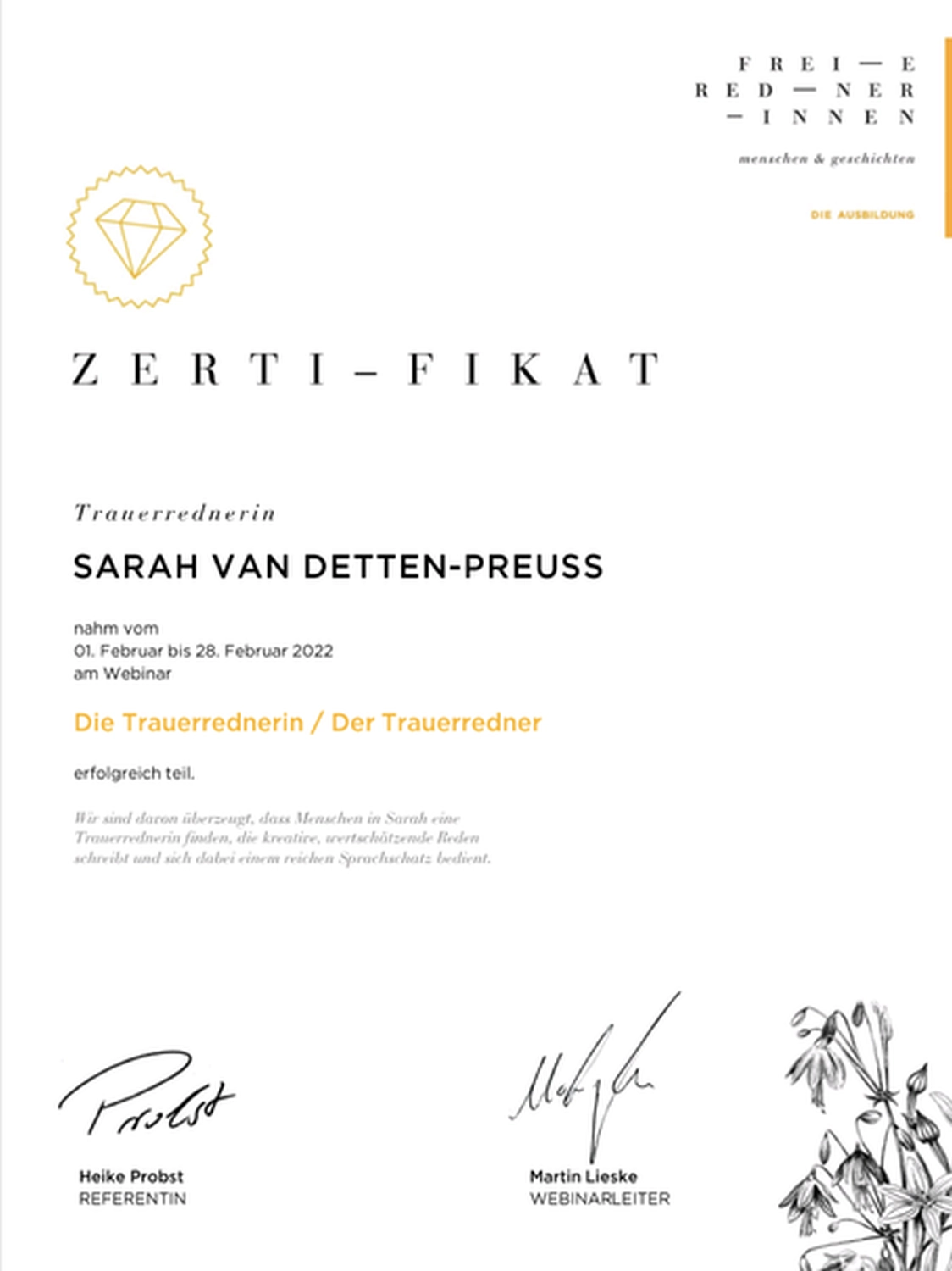 Zertifikat Freie Rednerin SARAH VAN DETTEN-PREUSS